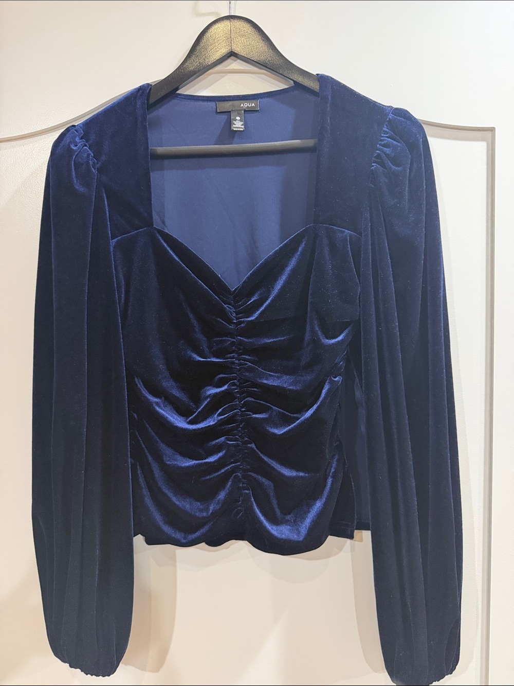 Aqua Velvet Ruched Long Sleeve Top in Navy Blue